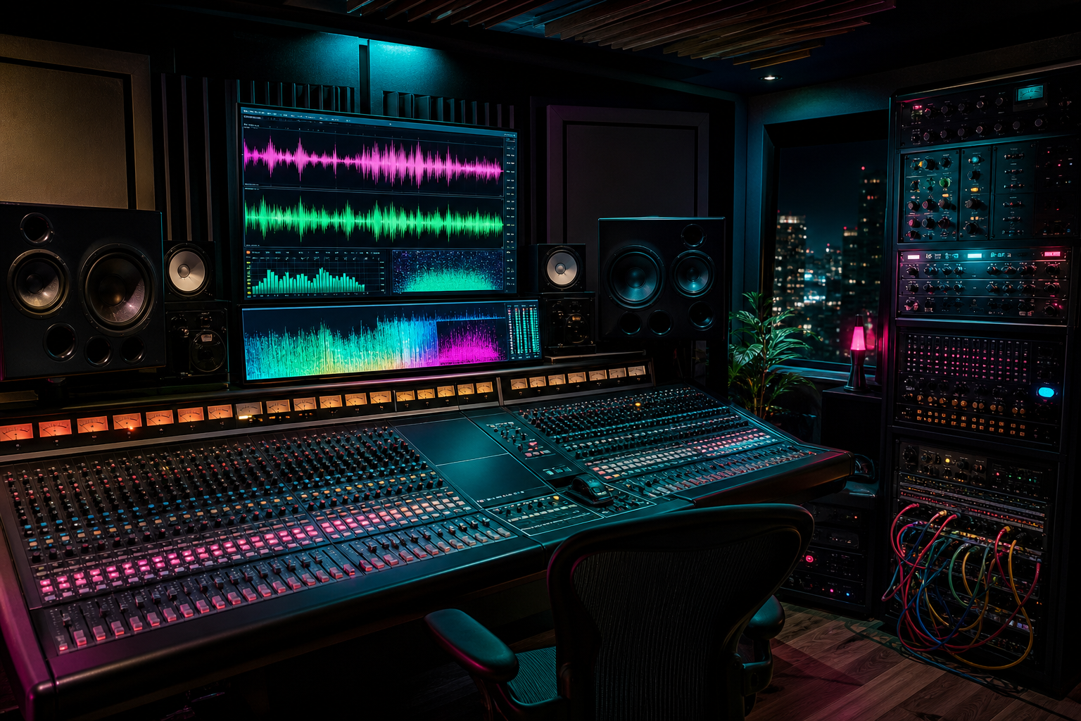 Mixing studio with colorful glowing waveforms on monitors