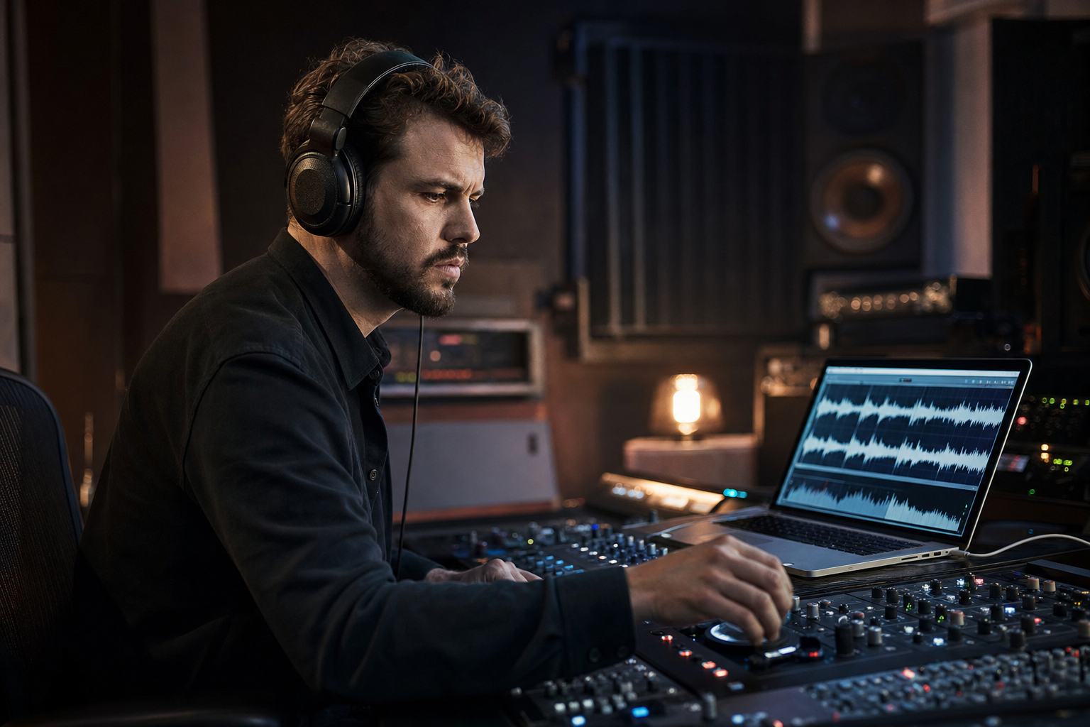 An engineer critically listening with headphones during mastering