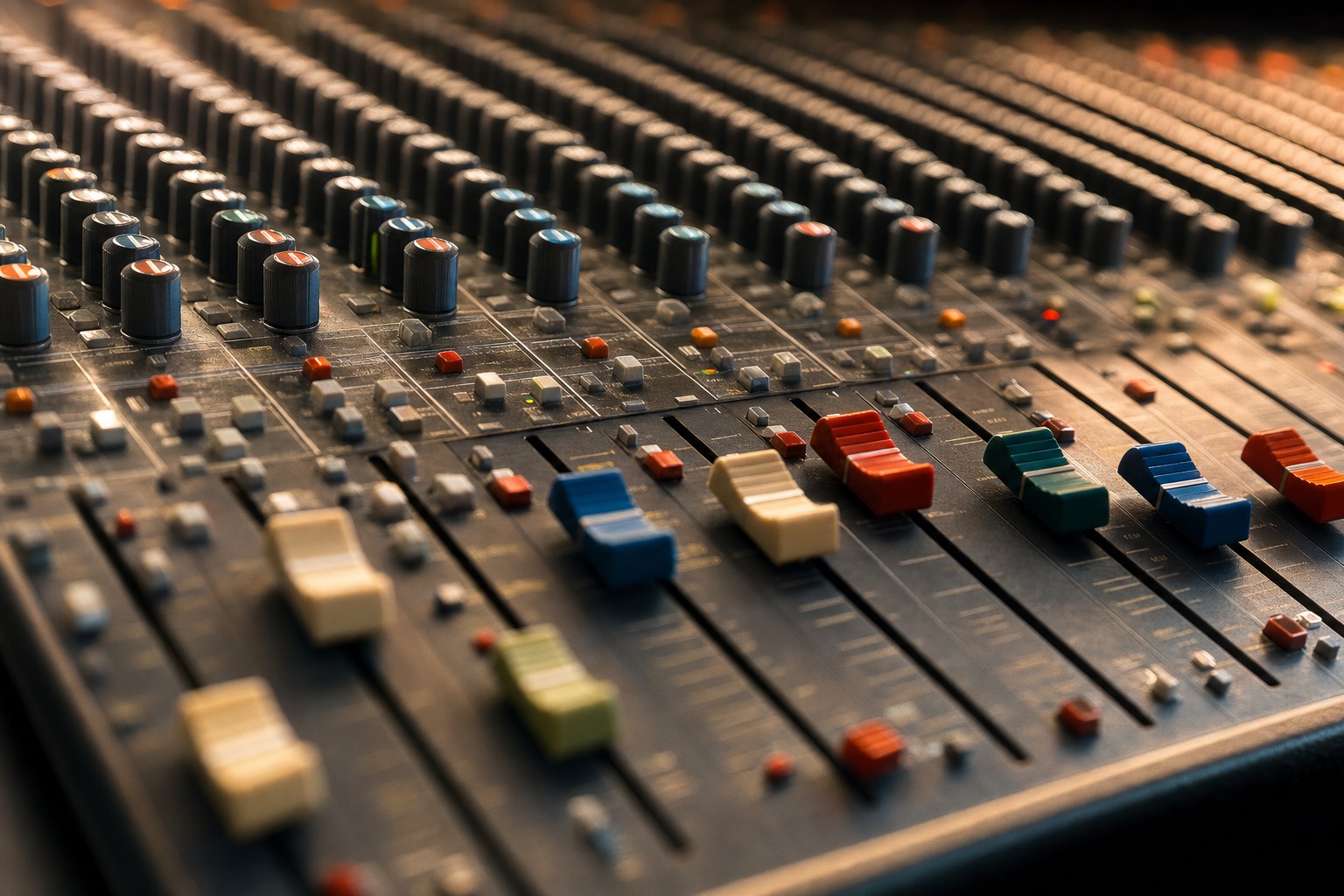 Close-up of a mixing console with faders under warm studio light