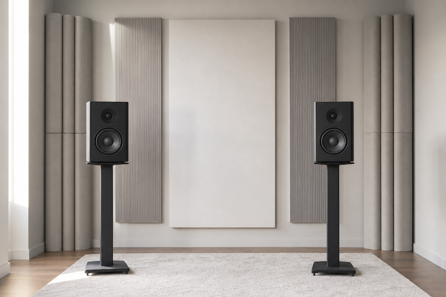 Professional studio monitor speakers in an acoustically treated room