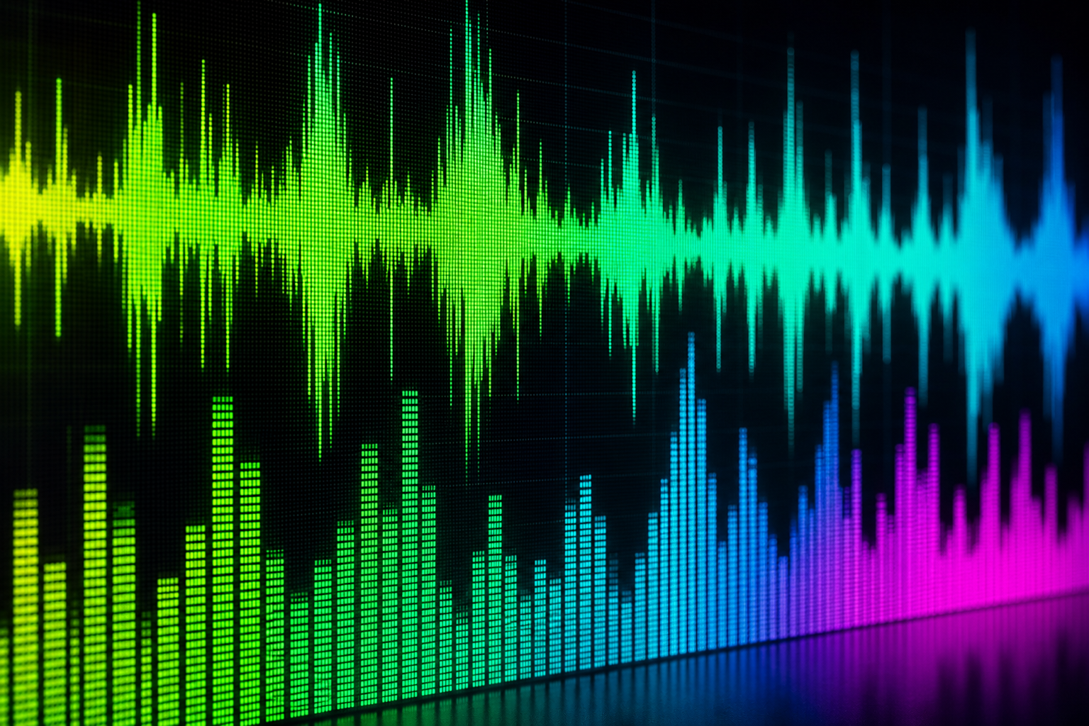 Close-up of a colorful audio waveform displayed on a large screen